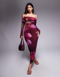 [Kaiia] Kaiia exclusive double layered slinky mesh bardot sheer angel sleeve panel detail maxi dress in burgundy and purple floral-Multi 14 BURGUNDY AND PURPLE