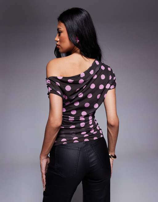 Kaiia exclusive double-layered slinky mesh drape off-shoulder top in brown and pink polka dot, 2 of 4