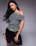 [Kaiia] Kaiia exclusive double-layered slinky mesh drape off-shoulder top in mono stripe-Multi 6 Black and white