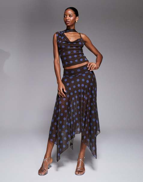Kaiia exclusive double layered slinky mesh fairy hem maxi skirt co-ord in brown and blue polka dot - view 1