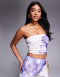 [Kaiia] Kaiia exclusive double-layered slinky mesh floral bandeau crop top in ivory and lilac (Part of a set)-White 6 IVORY AND LILAC