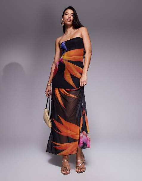 Kaiia exclusive double layered slinky mesh floral bandeau gathered sheer hem maxi dress in black - view 1