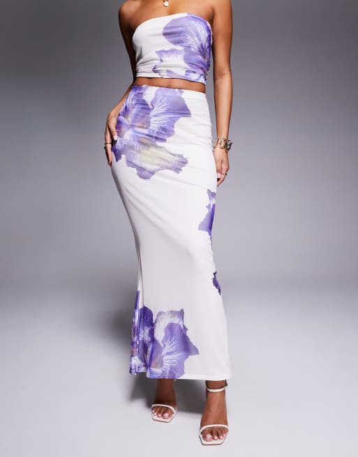 Kaiia exclusive double layered slinky mesh floral maxi skirt co-ord in ivory and lilac , 2 of 5