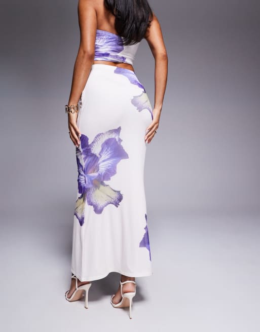 Kaiia exclusive double layered slinky mesh floral maxi skirt co-ord in ivory and lilac , 3 of 5