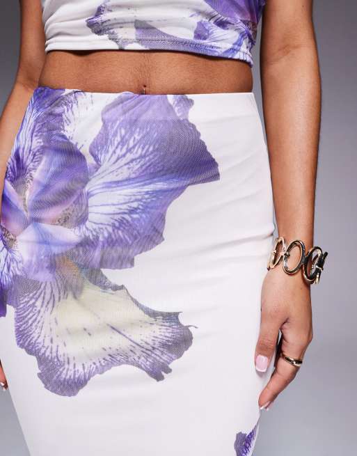 Kaiia exclusive double layered slinky mesh floral maxi skirt co-ord in ivory and lilac , 4 of 5