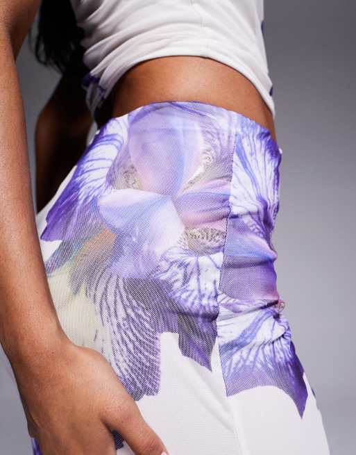 Kaiia exclusive double layered slinky mesh floral maxi skirt co-ord in ivory and lilac , 5 of 5