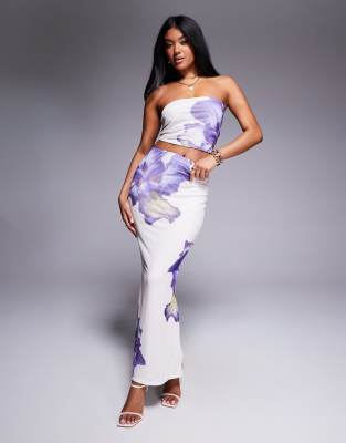 Exclusive double layered slinky mesh floral maxi skirt in ivory and lilac - part of a set-White