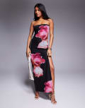 [Kaiia] Kaiia exclusive double-layered slinky mesh floral thigh split bandeau maxi dress in black 4 BLACK