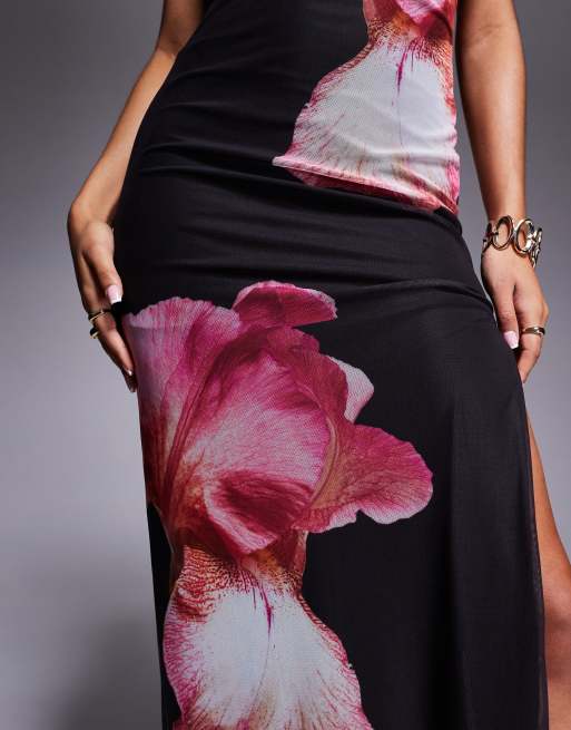 Kaiia exclusive double-layered slinky mesh floral thigh split bandeau maxi dress in black  , 3 of 4