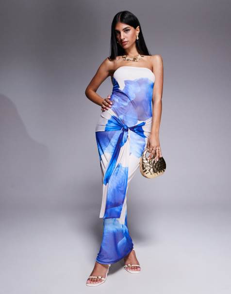 Kaiia exclusive double layered slinky mesh floral tie waist drape detail maxi dress in blue and ivory - view 1