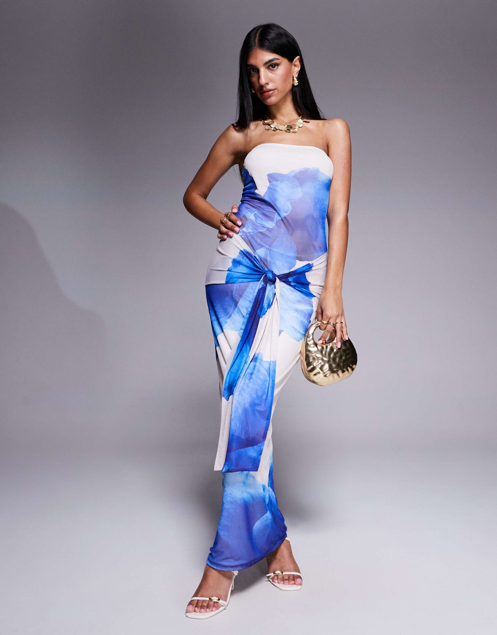 kaiia exclusive double layered slinky mesh floral tie waist drape detail maxi dress in blue and ivory