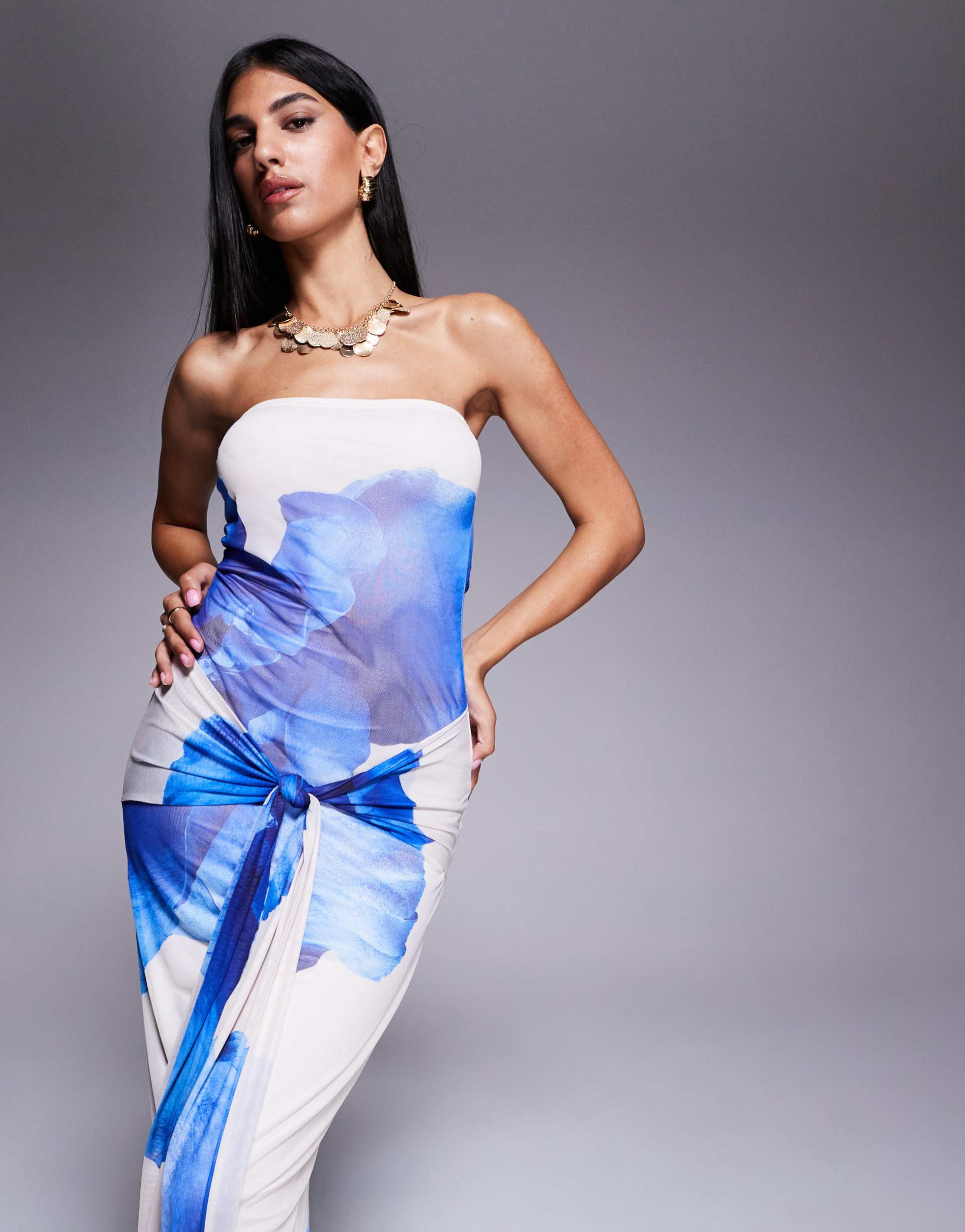 kaiia exclusive double layered slinky mesh floral tie waist drape detail maxi dress in blue and ivory