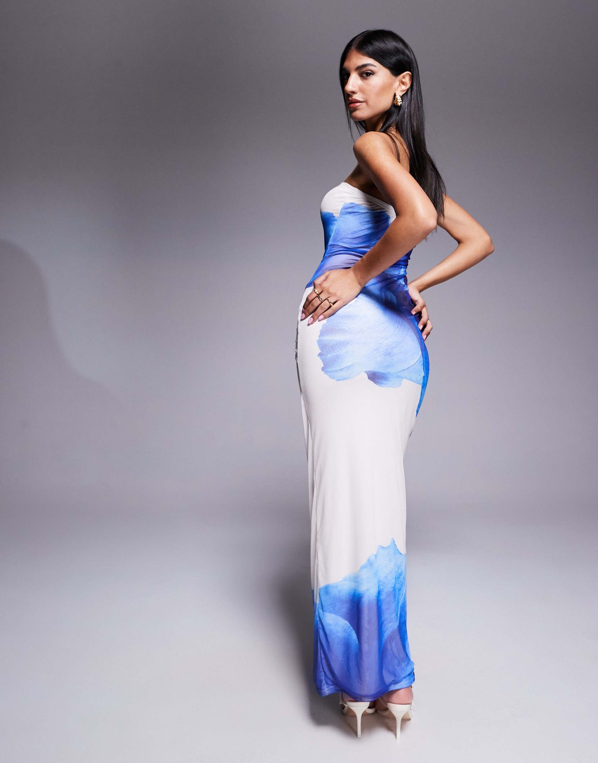 kaiia exclusive double layered slinky mesh floral tie waist drape detail maxi dress in blue and ivory