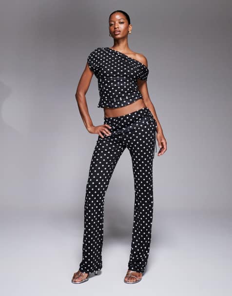 Kaiia exclusive double layered slinky mesh foldover ruched detail pants in mono polka dot - part of a set - view 1
