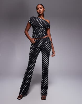 Kaiia Kaiia exclusive double layered slinky mesh foldover ruched detail trousers co-ord in mono polka dot-Multi