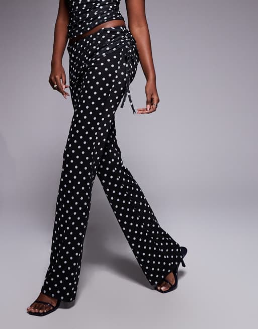 Kaiia exclusive double layered slinky mesh foldover ruched detail trousers co-ord in mono polka dot, 2 of 5