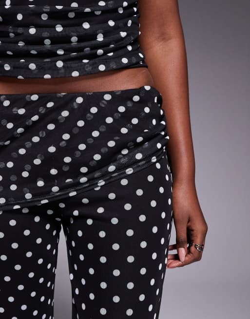 Kaiia exclusive double layered slinky mesh foldover ruched detail trousers co-ord in mono polka dot, 5 of 5