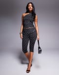 [Kaiia] Kaiia exclusive double-layered slinky mesh foldover waistband capri pants in mono polka dot (Part of a set)-Black 6 BLACK