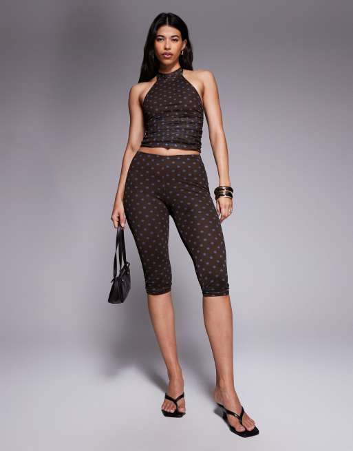Kaiia exclusive double layered slinky mesh halterneck top co-ord in blue and chocolate polka dot, 3 of 4