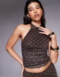 [Kaiia] Kaiia exclusive double layered slinky mesh halterneck top in blue and chocolate polka dot (part of a set)-Multi 4 BLUE AND CHOCOLATE