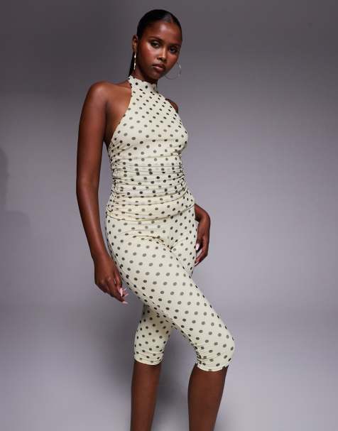 Kaiia exclusive double layered slinky mesh halterneck top in lemon and black polka dot (part of a set) - view 1