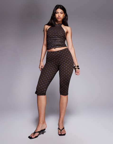 Kaiia exclusive double layered slinky mesh high rise capri pants in blue and chocolate polka dot - part of a set - view 1