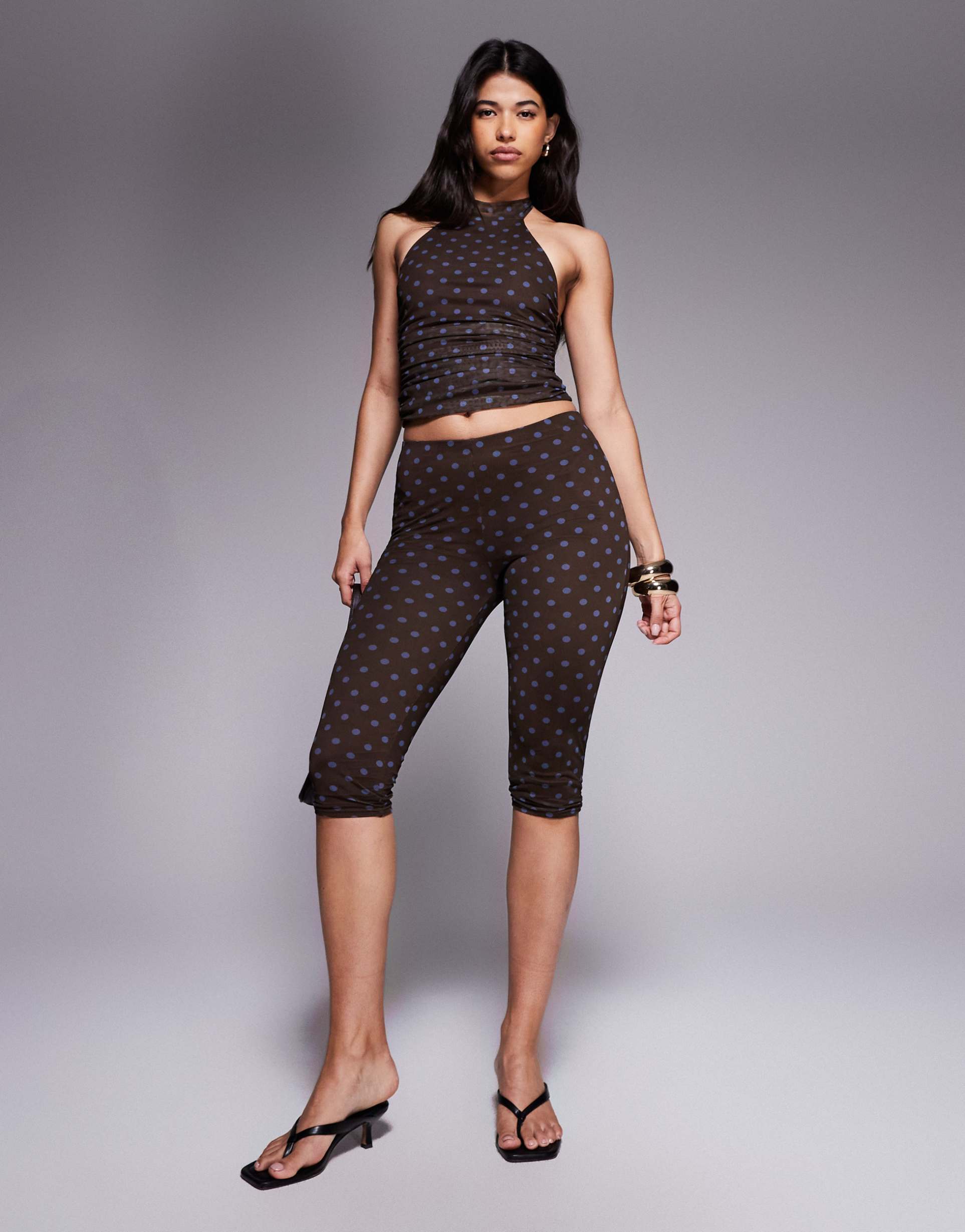 kaiia exclusive double layered slinky mesh high rise capri pants in blue and chocolate polka dot - part of a set
