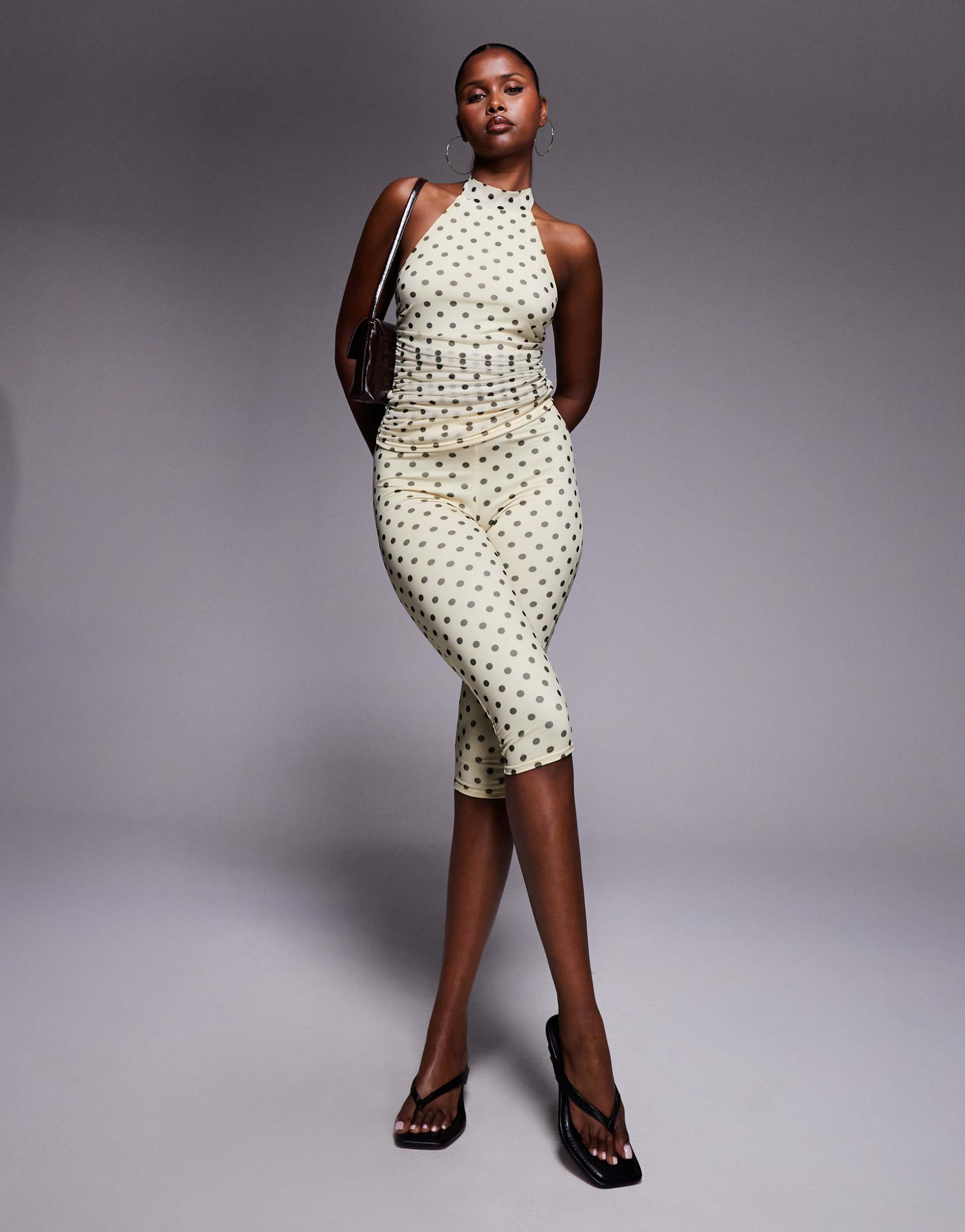 kaiia exclusive double layered slinky mesh high waist capri pants in lemon and black polka dot - part of a set