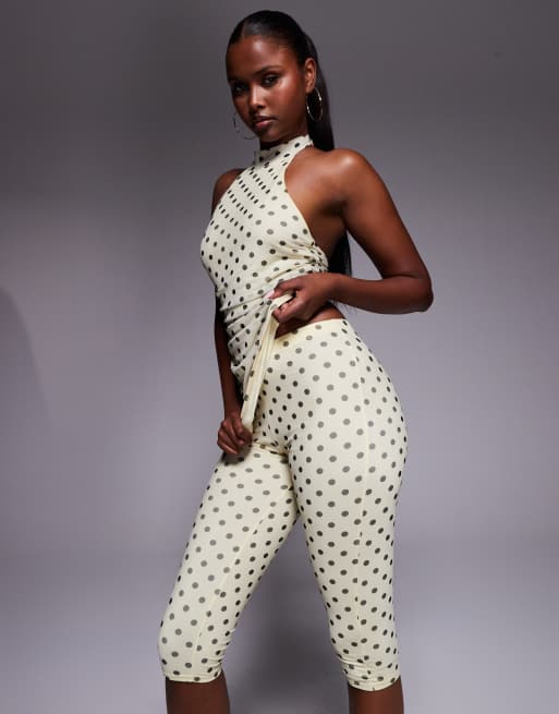 Kaiia Exclusive double layered slinky mesh high waist capri pants in lemon and black polka dot - part of a set