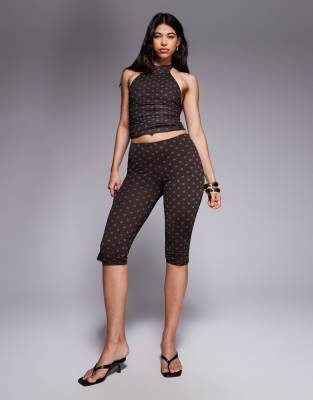 Kaiia Kaiia exclusive double layered slinky mesh high waisted capri trouser co-ord in blue and chocolate polka dot-Multi