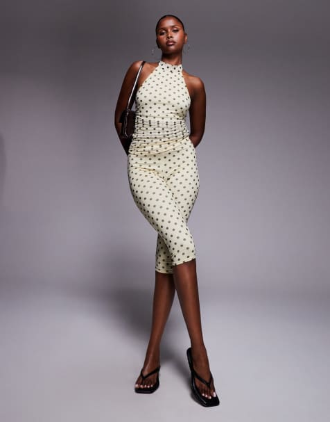 Kaiia exclusive double layered slinky mesh high waisted capri trouser co-ord in lemon and black polka dot