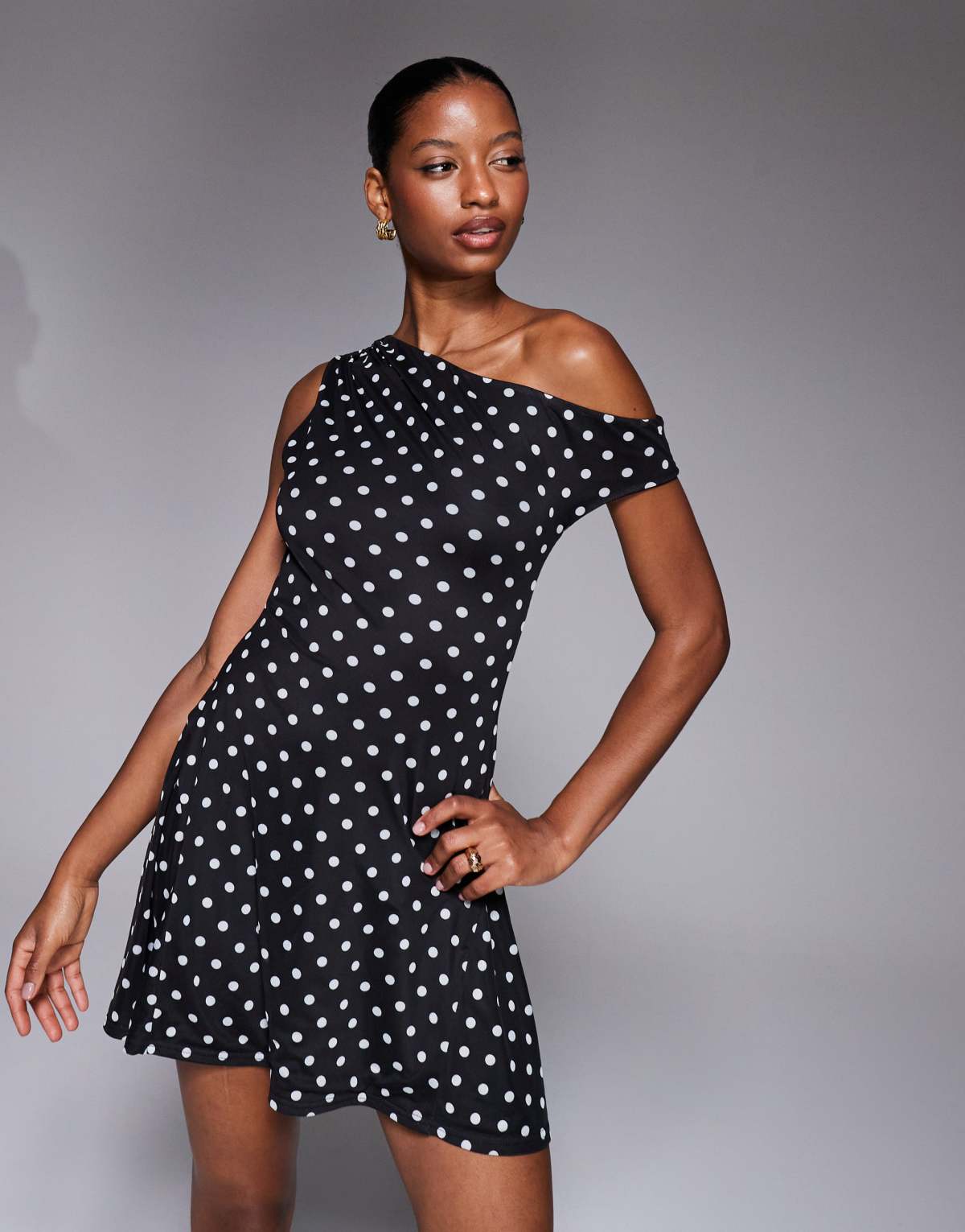 Kaiia exclusive double layered slinky mesh off shoulder skater mini dress in mono polka dot