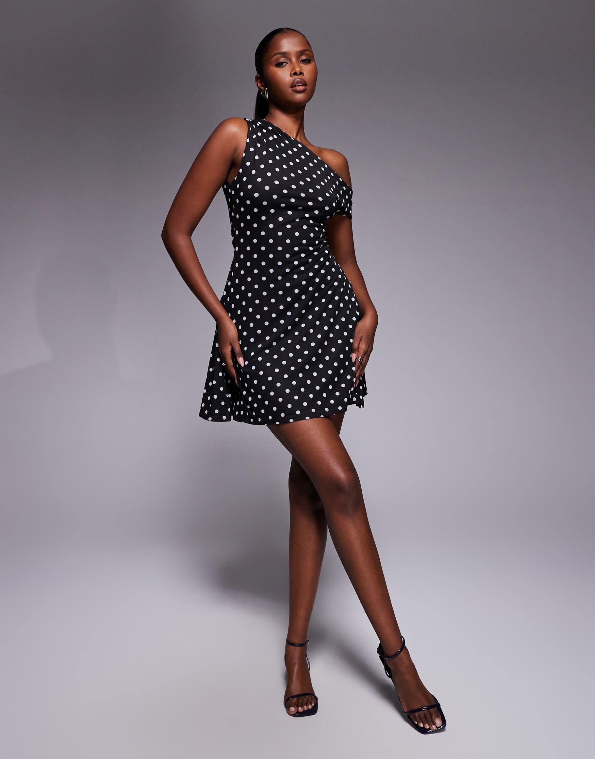kaiia exclusive double layered slinky mesh off shoulder skater mini dress in mono polka dot