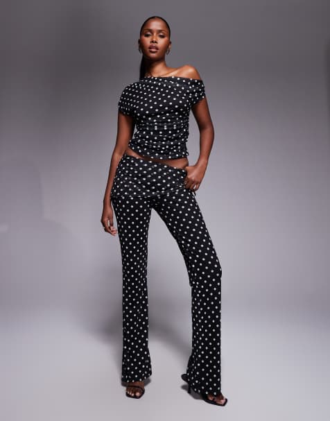 Kaiia exclusive double layered slinky mesh off shoulder top and foldover ruched detail pants set in mono polka dot - view 1