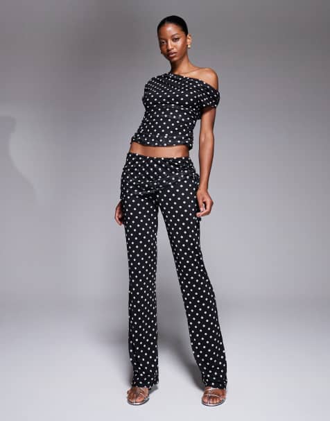 Kaiia exclusive double layered slinky mesh off shoulder top and foldover ruched detail trousers co-ord in mono polka dot - view 1