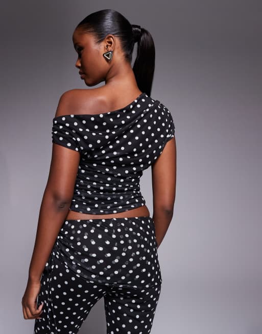 Kaiia exclusive double-layered slinky mesh off-shoulder top in mono polka dot (Part of a set), 4 of 4