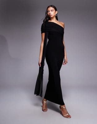 Kaiia Exclusive Double Layered Slinky Mesh One Shoulder Drape Detail Maxi Dress In Black