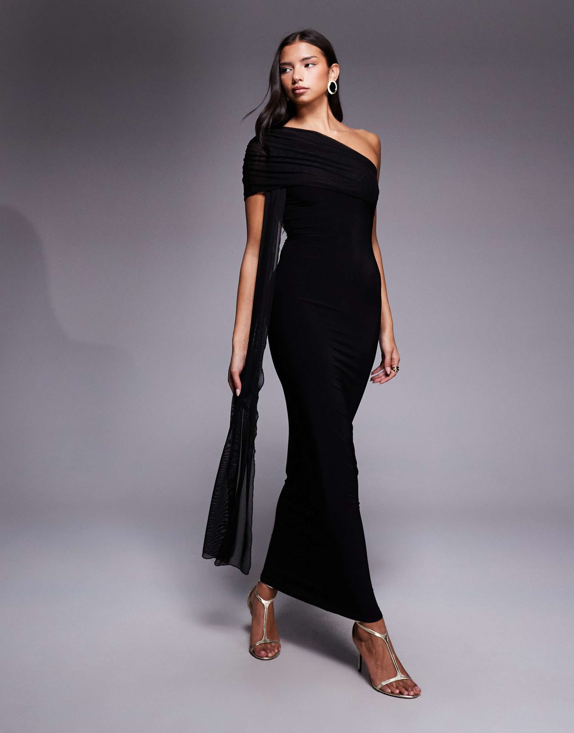 kaiia exclusive double layered slinky mesh one shoulder drape detail maxi dress in black