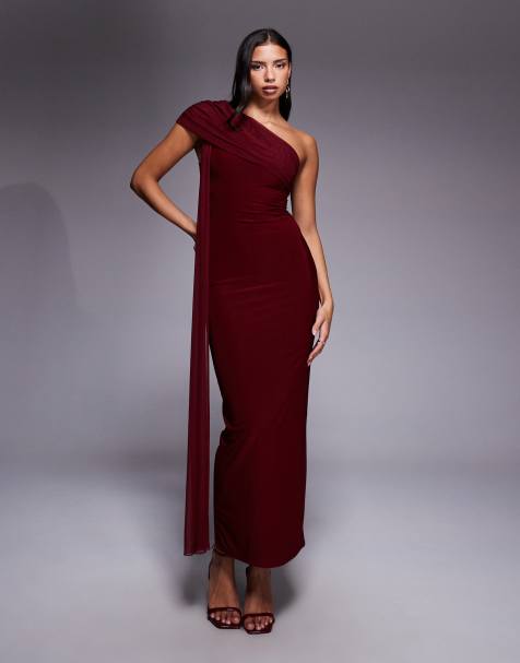 Kaiia Exclusive double layered slinky mesh one-shoulder drape detail maxi dress in wine - view 1