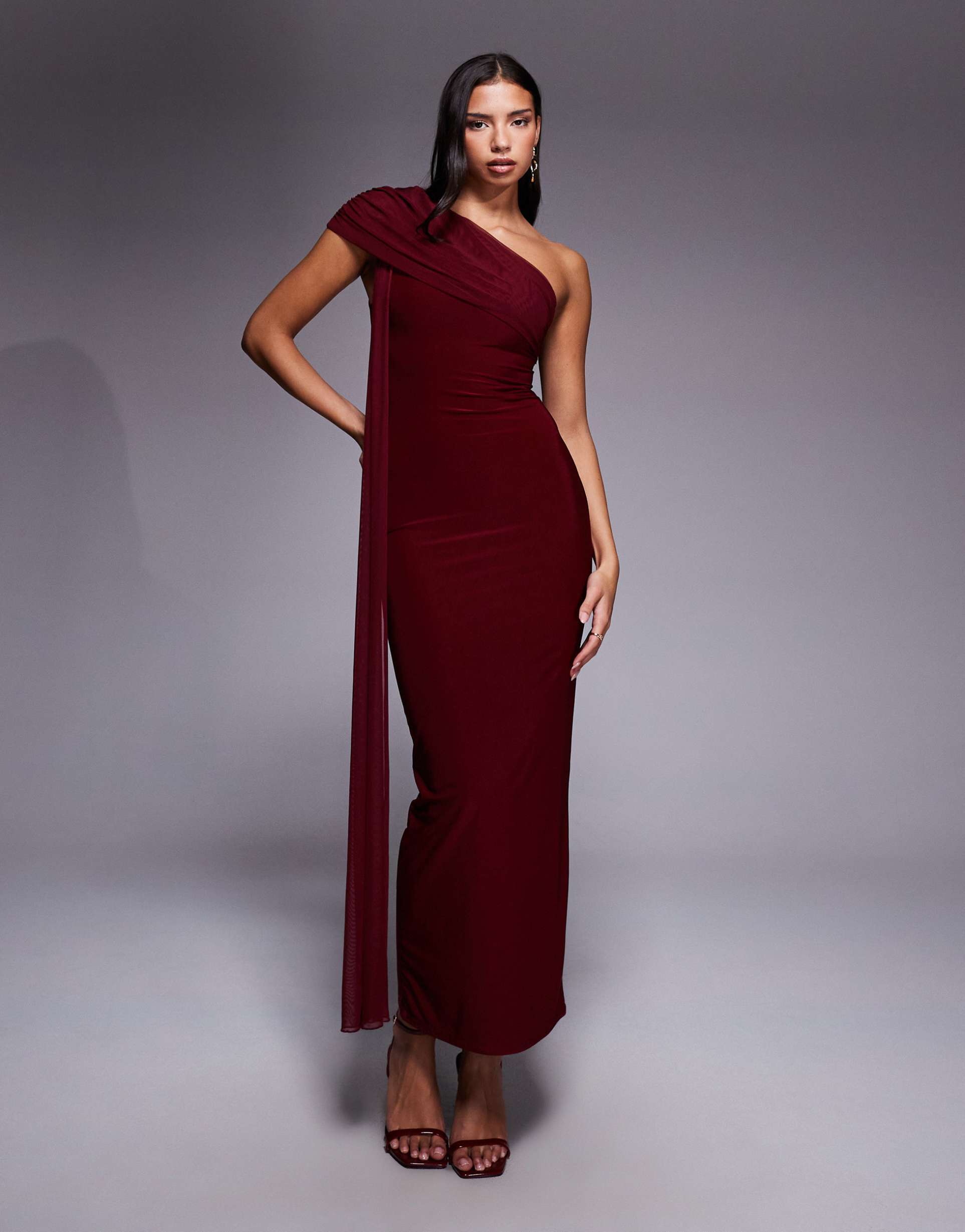kaiia exclusive double layered slinky mesh one-shoulder drape detail maxi dress in wine