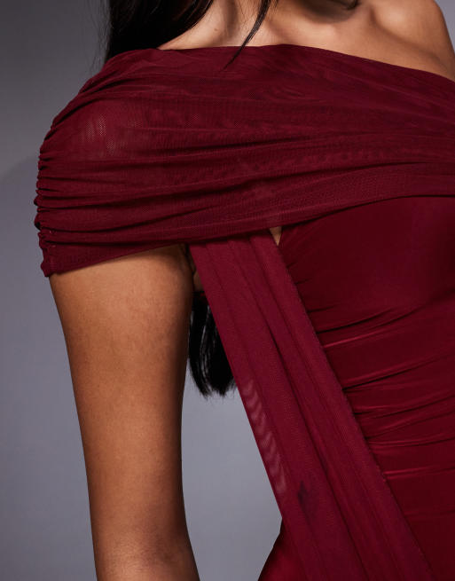 Kaiia exclusive double layered slinky mesh one shoulder drape detail maxi dress in wine, 3 of 4