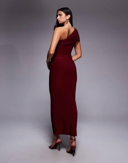 Kaiia exclusive double layered slinky mesh one shoulder drape detail maxi dress in wine, 4 of 4