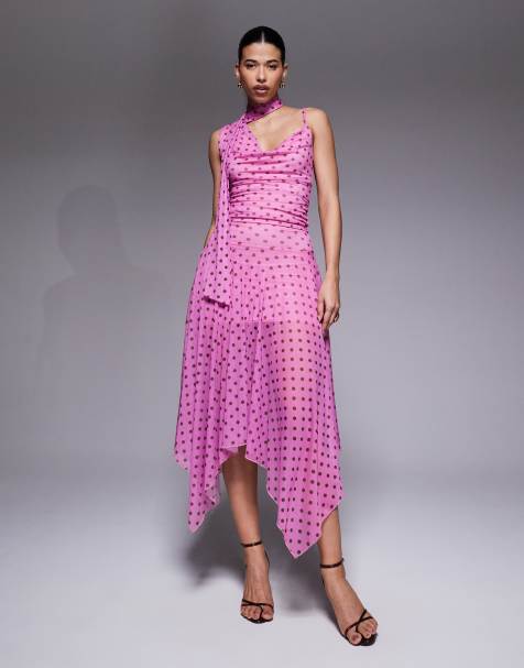 Kaiia Exclusive double layered slinky mesh one-shoulder scarf detail cowl neck top and maxi skirt set in pink and brown - view 1