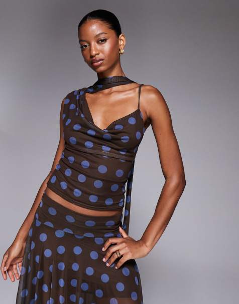 Kaiia exclusive double layered slinky mesh one shoulder scarf detail cowl neck top co-ord in brown and blue polka dot - view 1