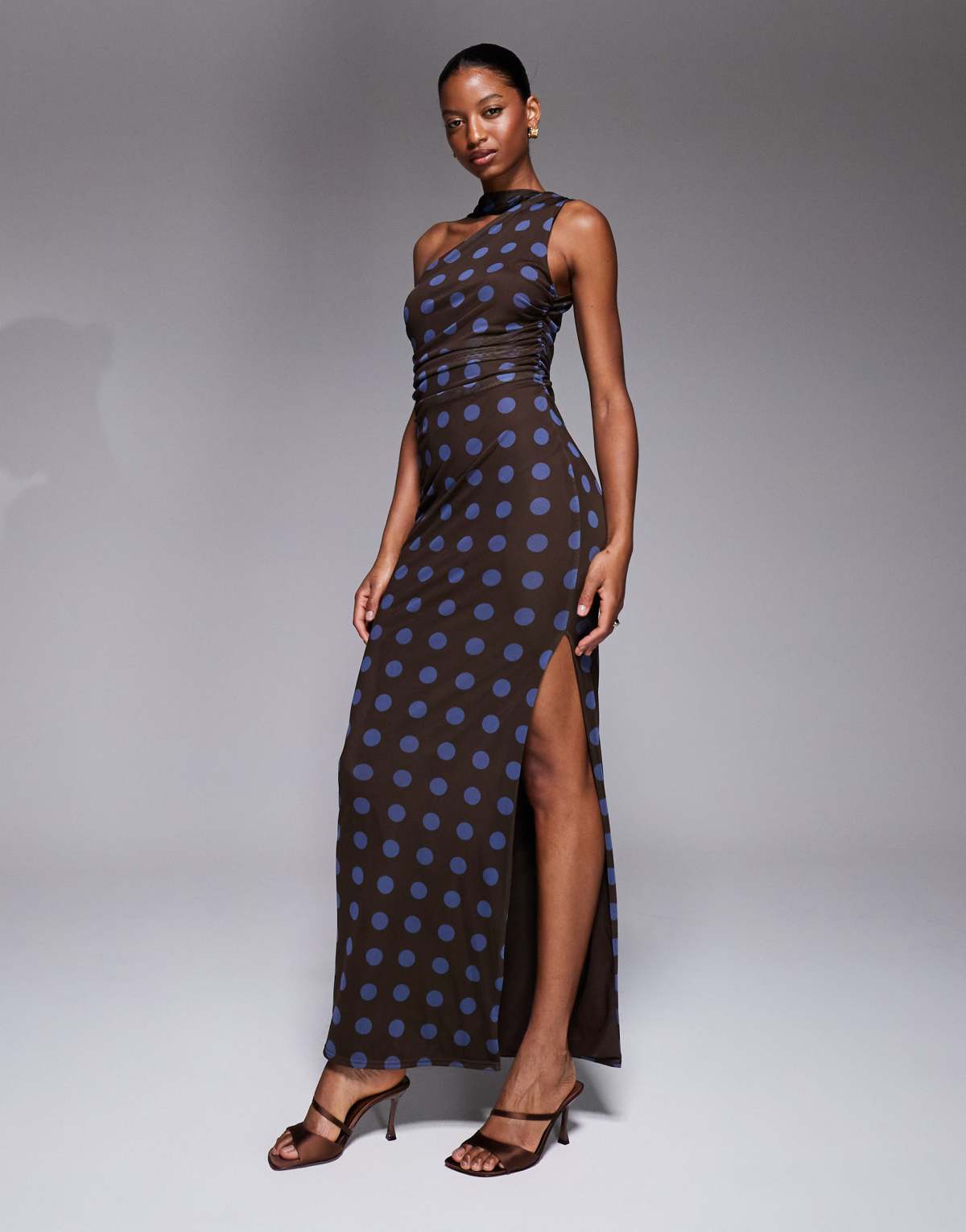 Kaiia exclusive double layered slinky mesh one shoulder scarf detail maxi dress in brown and blue polka dot
