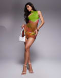 [Kaiia] Kaiia exclusive double layered slinky mesh one shoulder scarf detail mini dress in lime and pink floral-Green 6 GREEN