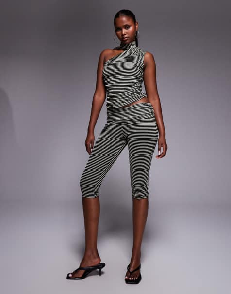Kaiia exclusive double layered slinky mesh one shoulder scarf detail top and capri co-ord in black and yellow stripe - view 1