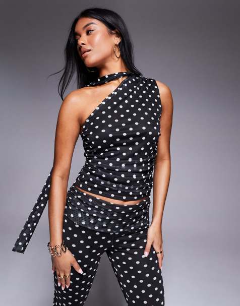Kaiia exclusive double layered slinky mesh one shoulder scarf detail top co-ord in mono polka dot 