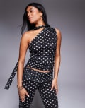 [Kaiia] Kaiia exclusive double-layered slinky mesh one-shoulder scarf detail top in mono polka dot (Part of a set)-Black 12 BLACK