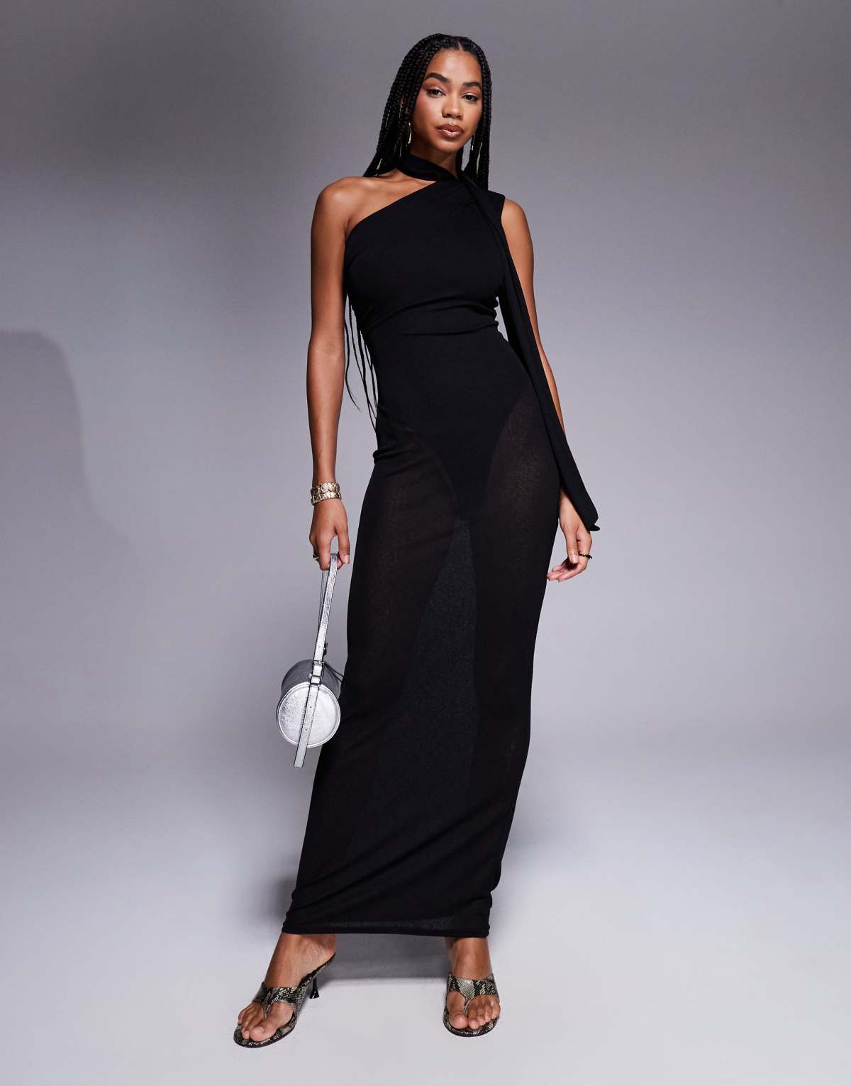 Kaiia exclusive double layered slinky mesh scarf detail sheer hem maxi dress in black